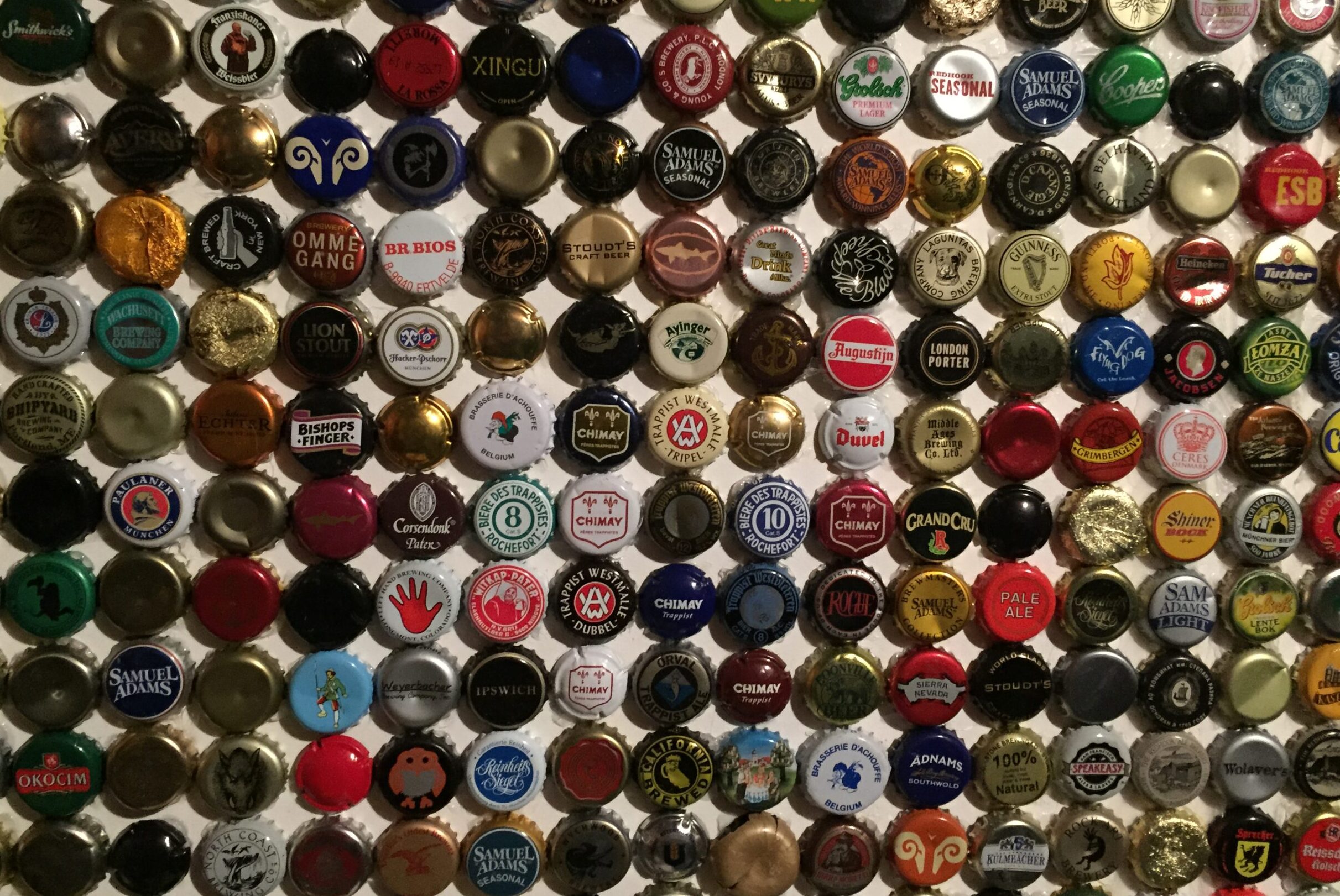 Mosaic of colorful beer bottle caps